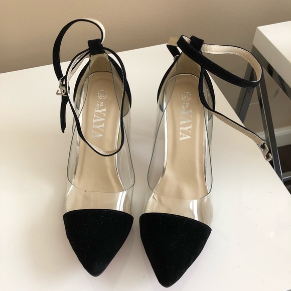 YaYa Aflalo Shoes - Black cap toe clear heels! With red bottoms.